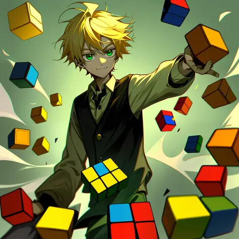 A young boy with，blond hairbl，Green eyes，Rubiks Cube in hand，A bad smile，He was wearing civilian clothes