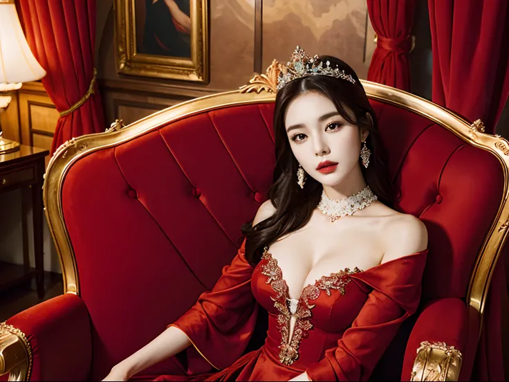 beautiful face women sitting on royal chair, facing towards camera, wear red sexy luxury gown