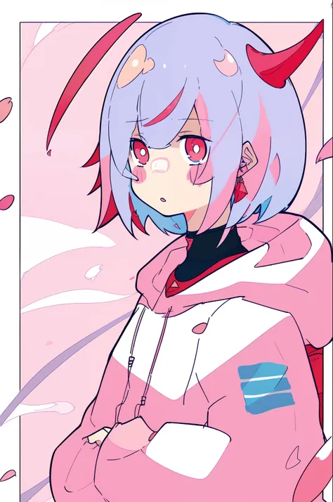 flat color, petal color, low contrast, 1girl, solo, white hair, pink pupils, fake horns, upper body, hoodie, chocker