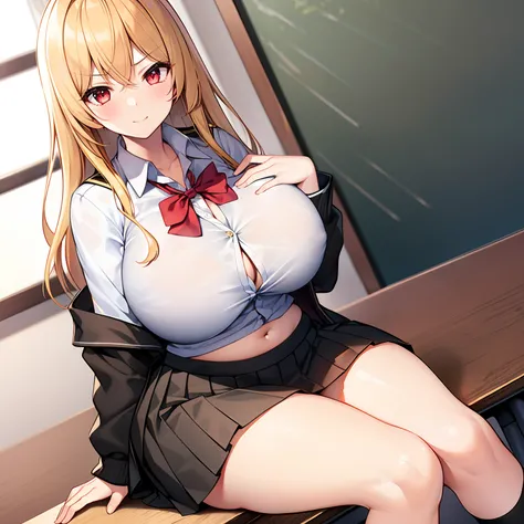 1girl in, Solo, perfect bodies, (top-quality:1.5), masutepiece, nffsw、Shaders、Brilliant Textured Work、hi-school girl、a blond、(Black school uniform:1.5)、(Black flared skirt:1.5)、Navel、Attractive red eyes、An inviting smile、Sitting at a desk、Skinny Legs、You c...