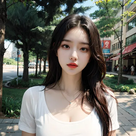 1girl, white shirt, necklace, sunny park background, centered detailed, realistic, natural lighting, 8k