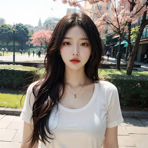 1girl, white shirt, necklace, sunny park background, centered detailed, realistic, natural lighting, 8k