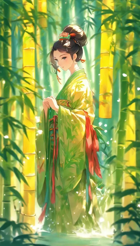 China-style，Chinese ink style，water ink，Smudge，bamboos，Hanfu beauty standing in the bamboo forest，中景 the scene is，Full body like， highly detailed surreal vfx，China ink painting，oc rendered， - AR 16:9 --q 2 --s 1000