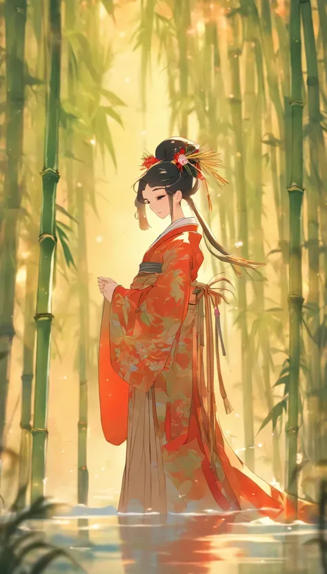 China-style，Chinese ink style，water ink，Smudge，bamboos，Hanfu beauty standing in the bamboo forest，中景 the scene is，Full body like， highly detailed surreal vfx，China ink painting，oc rendered， - AR 16:9 --q 2 --s 1000