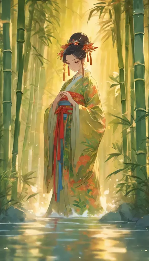 China-style，Chinese ink style，water ink，Smudge，bamboos，Hanfu beauty standing in the bamboo forest，中景 the scene is，Full body like， highly detailed surreal vfx，China ink painting，oc rendered， - AR 16:9 --q 2 --s 1000