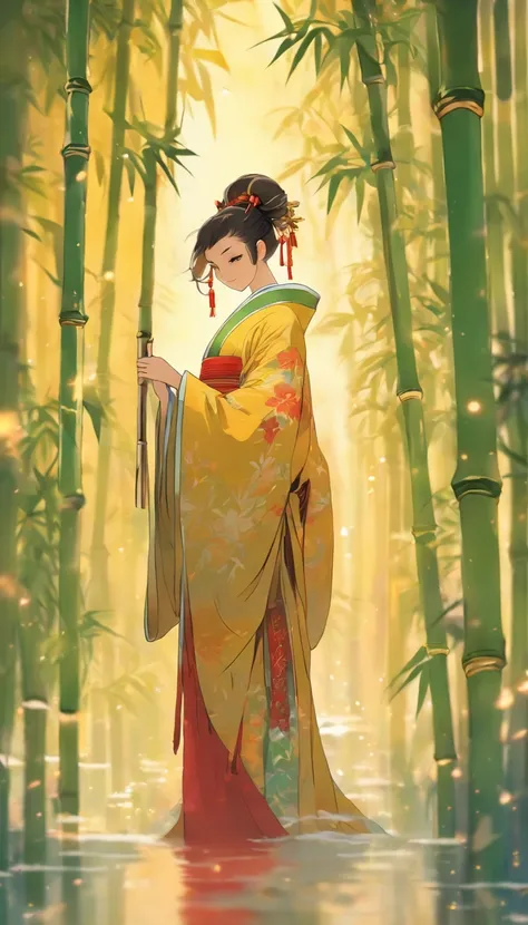 China-style，Chinese ink style，water ink，Smudge，bamboos，Hanfu beauty standing in the bamboo forest，中景 the scene is，Full body like， highly detailed surreal vfx，China ink painting，oc rendered， - AR 16:9 --q 2 --s 1000