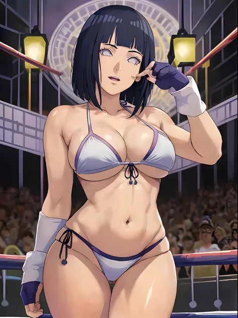 (WALLPAPER,  (hinata(boruto), (((1 girl, white string bikini, white fingerless gloves))), masterpiece, 4k, vector coloring, fully body view, (scene: sexy girl posing like a fighter, ( location: in wrestling ring with crowd watching)), (high color saturatio...