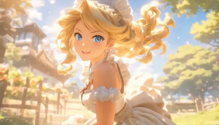 ((masterpiece)), ((best quality)), ((highres)), ((detailed background)), ((extremely detailed CG unity 8k wallpaper)), solo, shiona, blonde hair, long hair, blue eyes, hair tuft, cowboy shot, outdoors, ((maid outfit))