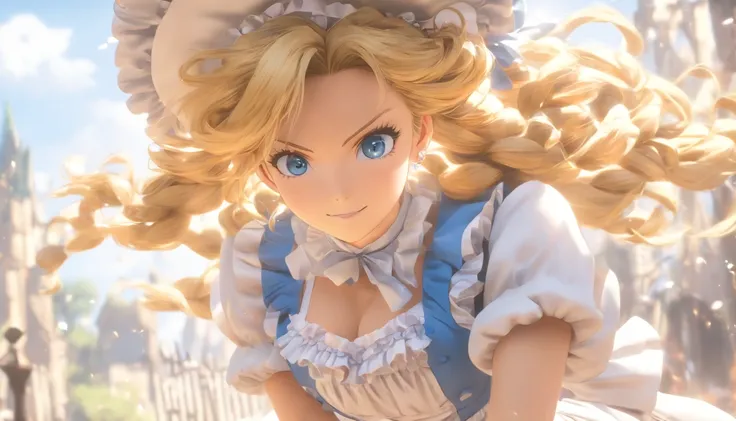 ((masterpiece)), ((best quality)), ((highres)), ((detailed background)), ((extremely detailed CG unity 8k wallpaper)), solo, shiona, blonde hair, long hair, blue eyes, hair tuft, cowboy shot, outdoors, ((maid outfit))