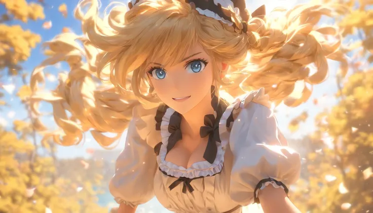 ((masterpiece)), ((best quality)), ((highres)), ((detailed background)), ((extremely detailed CG unity 8k wallpaper)), solo, shiona, blonde hair, long hair, blue eyes, hair tuft, cowboy shot, outdoors, ((maid outfit))