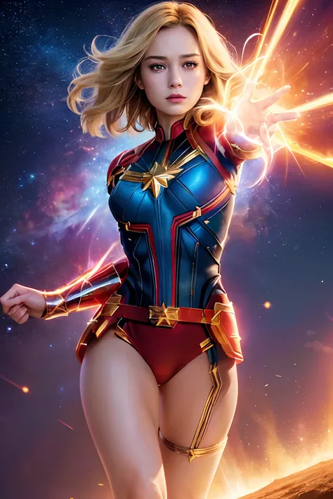 (masterpiece, best quality, photorealistic, cinematic, ultra-detailed, 8k), (wide shot), (imagine Brie Larson as Captain Marvel, radiating an aura of cosmic power and confidence), (her golden-blonde hair flows with an ethereal glow, framing her strong yet ...