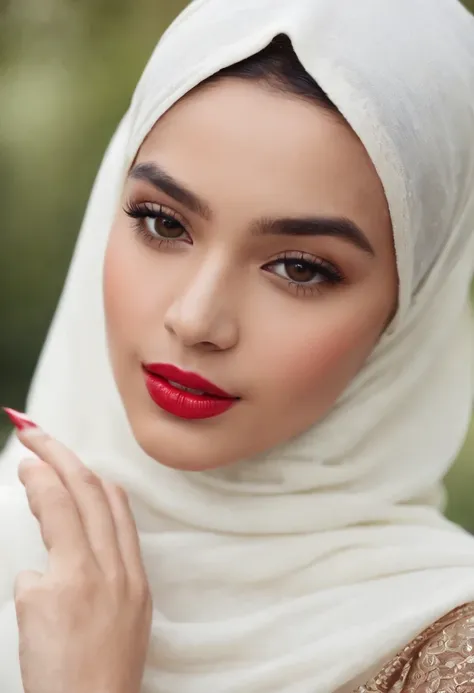 Design a striking advertisement where a Malay girl in hijab confidently showcases a vibrant range of lipsticks, each shade symbolizing a different facet of her personality and style, empowering viewers to embrace self-expression through makeup