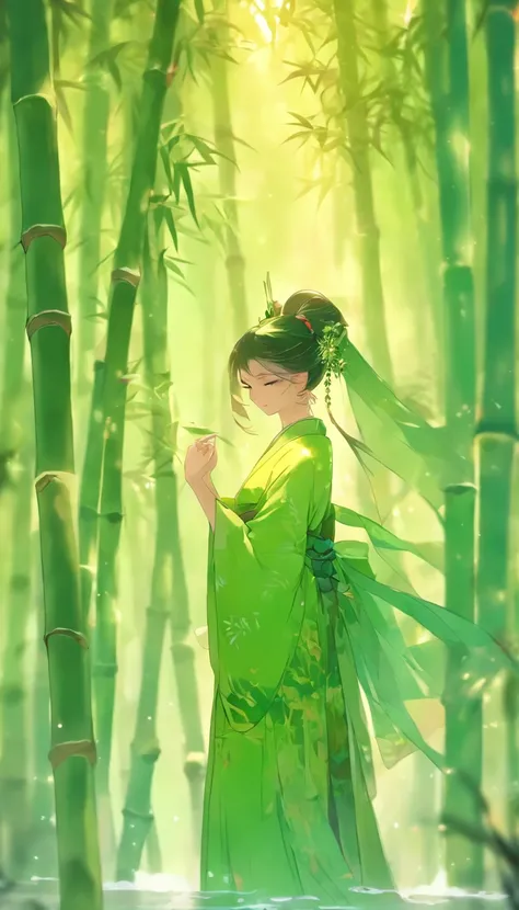 China-style，Chinese ink style，water ink，Smudge，bamboos，Hanfu beauty standing in the bamboo forest，中景 the scene is，Full body like，Green gradient， highly detailed surreal vfx，China ink painting，oc rendered， - AR 16:9 --q 2 --s 1000