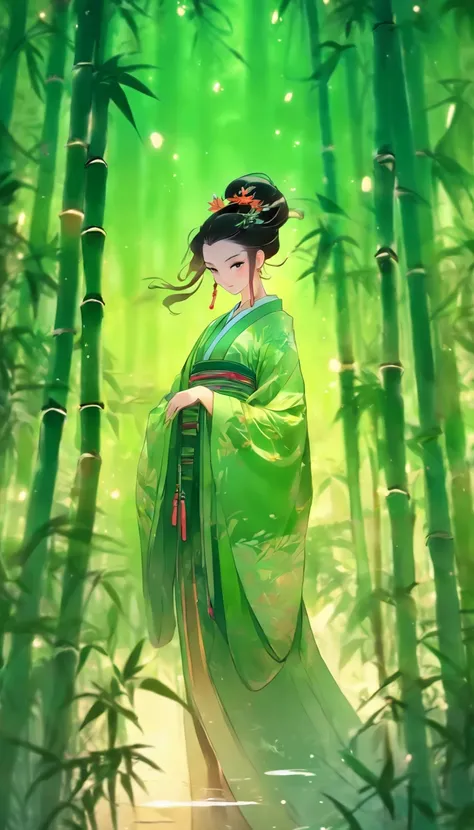 China-style，Chinese ink style，water ink，Smudge，bamboos，Hanfu beauty standing in the bamboo forest，中景 the scene is，Full body like，Green gradient， highly detailed surreal vfx，China ink painting，oc rendered， - AR 16:9 --q 2 --s 1000