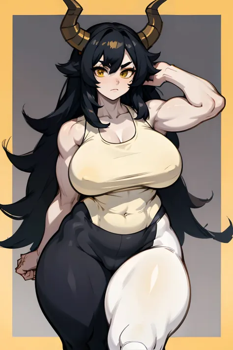 black hair, very long hair, yellow eyes, thick thighs, large breasts, (muscular), pale skin, leggings, tank top, toned body, ram horns, 1 girl