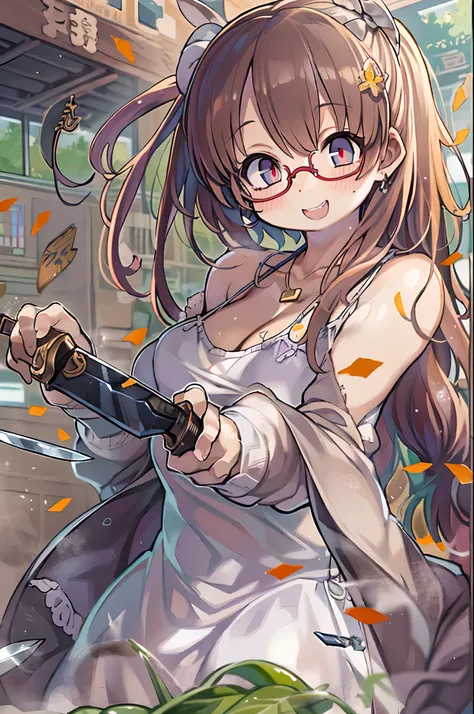 masutepiece, Best Quality, 1girl in, Sharp eyes, Smile,(((Knives in both hands)))、big round glasses,Camisole