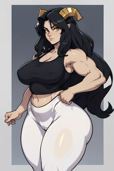 black hair, very long hair, yellow eyes, thick thighs, large breasts, (muscular), pale skin, leggings, tank top, toned body, ram horns, 1 girl