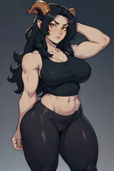 black hair, very long hair, yellow eyes, thick thighs, large breasts, (muscular), pale skin, leggings, tank top, toned body, ram horns, 1 girl