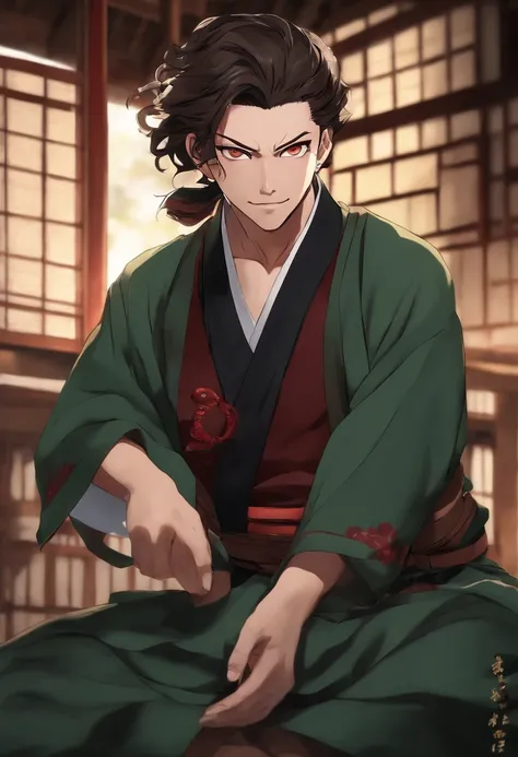 ((ACTION)) ((BEST CINEMATIC ILLUMINATION)) ((WALLPAPER)) ((4K)) ((MASTERPIECE)) kimetsu no yaiba style, kamado tanjiro, demon slayer uniform, 1boy, male focus, scar on face, weapon, scar, earrings, teeth, jewelry, pants, scar on forehead, brown hair, belt,...