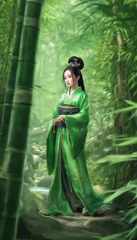 China-style，Chinese ink style，water ink，Smudge，bamboos，Hanfu beauty standing in the bamboo forest，中景 the scene is，Full body like，Green gradient， highly detailed surreal vfx，China ink painting，oc rendered， - AR 16:9 --q 2 --s 1000