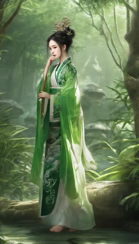 China-style，Chinese ink style，water ink，Smudge，bamboos，Hanfu beauty standing in the bamboo forest，中景 the scene is，Full body like，Green gradient， highly detailed surreal vfx，China ink painting，oc rendered， - AR 16:9 --q 2 --s 1000