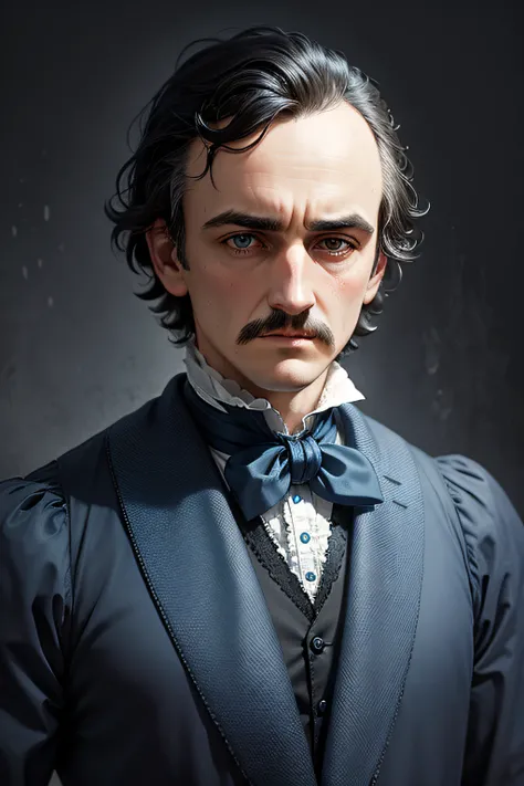 Realistic Edgar Allan Poe in a wavy blue Victorian outfit, dark atmosphere, corbeaux autour