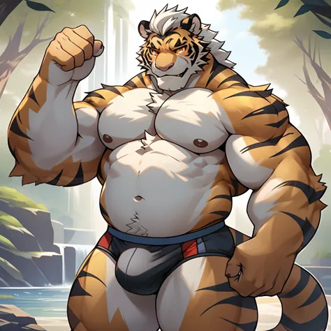 Tiger Orc White Hair Red Veined Golden Eyes Innocent and cute expression （Masterpiece，Best picture quality）Strong fat envelops muscle, Tall, Small belly, only underwear lewdness