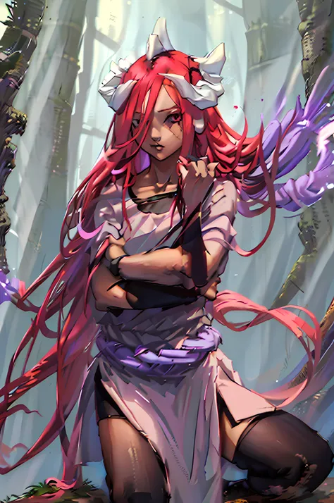 Tayuya has long, crimson hair tied in a ponytail and pale skin. She wears a purple, sleeveless kimono-like dress with fishnet stockings and black shorts. She also sports a pair of red, fingerless gloves.