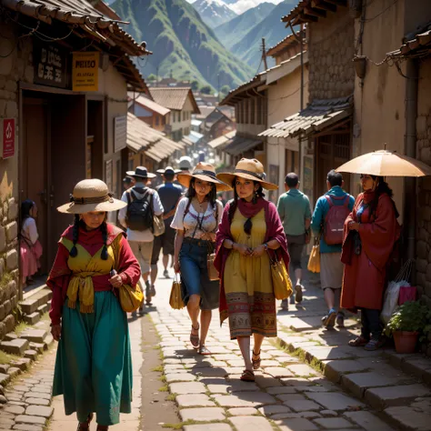 Peru street life, Machu Pichu beautiful Inca streets, people walking, shopping, trading, ((Best quality)), ((masterpiece)), (detailed: 1.4)