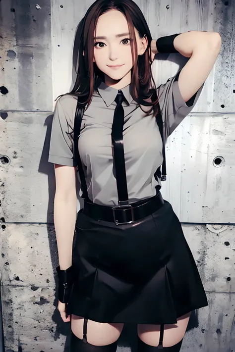 Black skirt, 　suspenders, Brown hair Gray eyes, Garter belt on the legs, Tight black clothes, 　　 a belt　Armpit sweat　　Dark look　Moderately breasts　holster　 Forehead Center