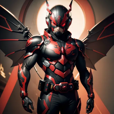 Kamen Rider、Cicada motifs、Black、red eyes、Has large wings、Mechanical body、characteristic belt on the abdomen,、Belt with red fan