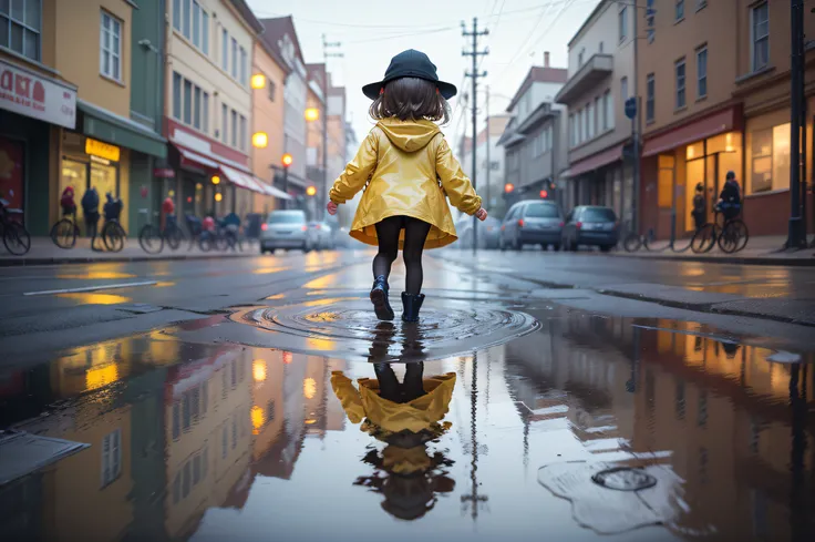 A mesmerizing photograph capturing the reflection of a little girl in a yellow raincoat in a puddle by a telephone pole. The image is inverted, creating a surreal world where the puddle becomes a portal to another dimension, and the girl seems to walk on w...