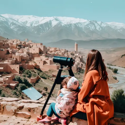 A girl sitting with her young daughter next to a telescope on the top of a mountain, looking down at a beautiful Moroccan village with an authentic Moroccan character, mountains with snow, and a river passing by the village.