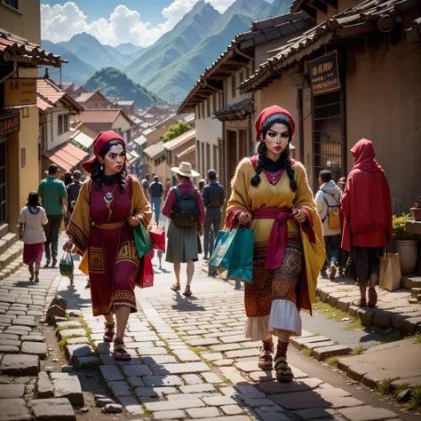 Peru street life, Machu Pichu beautiful Inca streets, people walking, (Adriana Lima :1.1) red lips, green eyes, shopping, trading, ((Best quality)), ((masterpiece)), (detailed: 1.4)