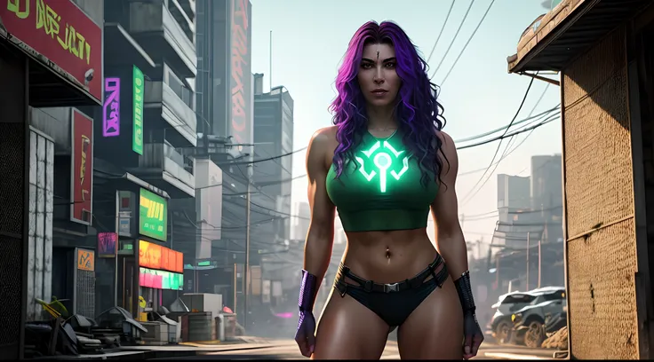 she-hulk, marvel character, green skin, Beautiful woman with wavy hair Detailed attractive eyes Long sexy legs between thighs wearing tiny shorts T-shirt in beautiful futuristic cyberpunk city +, mistborn, molhado, chovendo, obra-prima de melhor qualidade,...