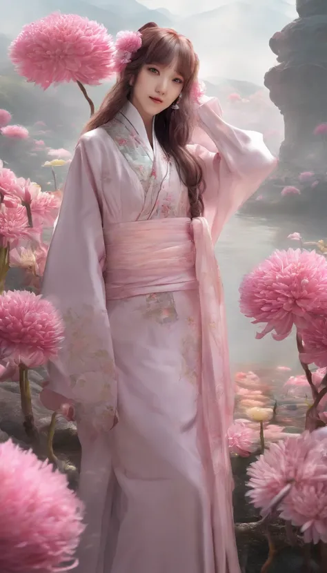 China-style，Chinese ink style，water ink，ink，Smudge，chrysanthemums，A Hanfu beauty standing among chrysanthemums，中景 the scene is，Full body like， highly detailed surreal vfx，China ink painting，oc rendered， - AR 16:9 --q 2 --s 1000 A woman is touching her  wit...