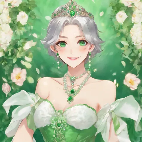 Green Long Grove, Long green gloves made of satin material, lipsticks, Japan woman smiling, Satin green long gloves,　emerald tiara, Green Pearl Necklace, verd s eyes, Green eyes, Long green gloves made of satin material, big breasts beautiful, Green Bridal...