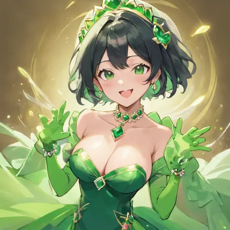 Green Long Grove, Long green gloves made of satin material, lipsticks, Japan woman smiling, Satin green long gloves,　emerald tiara, Green Pearl Necklace, verd s eyes, Green eyes, Long green gloves made of satin material, big breasts beautiful, Green Bridal...