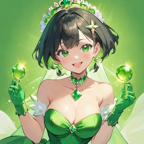 Green Long Grove, Long green gloves made of satin material, lipsticks, Japan woman smiling, Satin green long gloves,　emerald tiara, Green Pearl Necklace, verd s eyes, Green eyes, Long green gloves made of satin material, big breasts beautiful, Green Bridal...