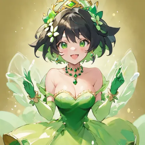 Green Long Grove, Long green gloves made of satin material, lipsticks, Japan woman smiling, Satin green long gloves,　emerald tiara, Green Pearl Necklace, verd s eyes, Green eyes, Long green gloves made of satin material, big breasts beautiful, Green Bridal...