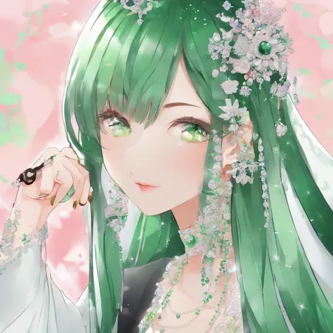 Green Long Grove, Long green gloves made of satin material, lipsticks, Japan woman smiling, Satin green long gloves,　emerald tiara, Green Pearl Necklace, verd s eyes, Green eyes, Long green gloves made of satin material, big breasts beautiful, Green Bridal...