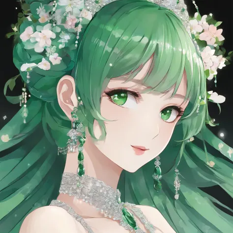 Green Long Grove, Long green gloves made of satin material, lipsticks, Japan woman smiling, Satin green long gloves,　emerald tiara, Green Pearl Necklace, verd s eyes, Green eyes, Long green gloves made of satin material, big breasts beautiful, Green Bridal...