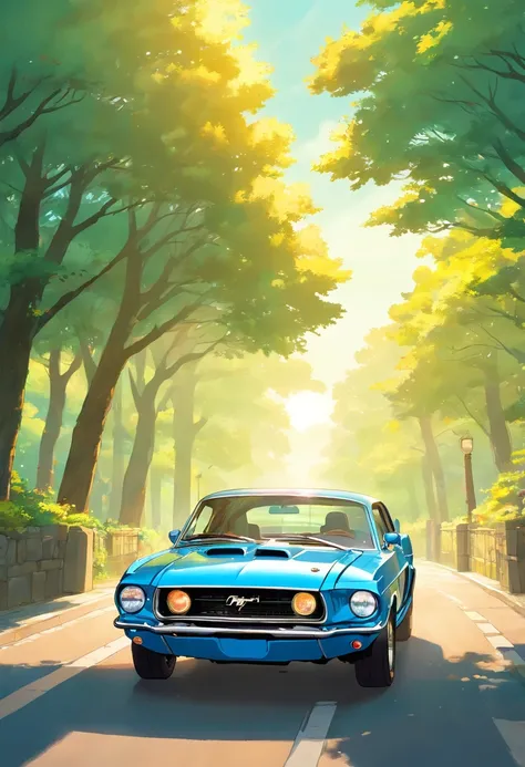 a 2024 Ford Mustang, V8 Engine on a road with trees and sun in the background, beautiful retro art, in digital illustration style, Stunning art style, Stylized digital illustration, Detailed digital illustration, Digital cartoon painting art, Art style ret...