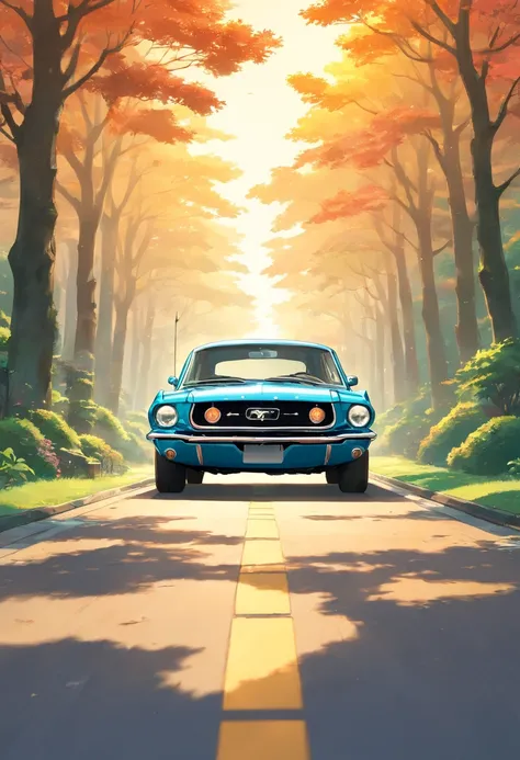 a 2024 Ford Mustang, V8 Engine on a road with trees and sun in the background, beautiful retro art, in digital illustration style, Stunning art style, Stylized digital illustration, Detailed digital illustration, Digital cartoon painting art, Art style ret...