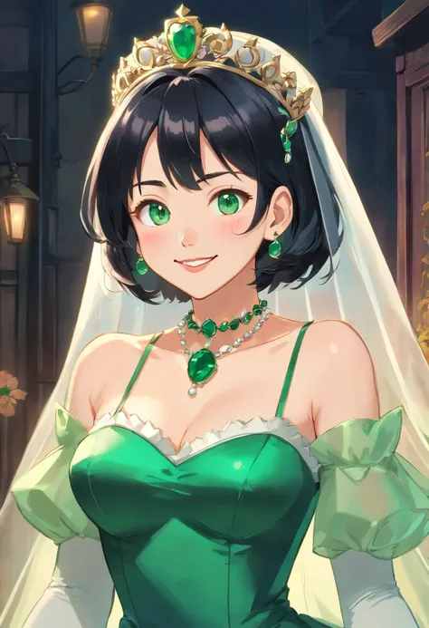 Green Long Grove, Long green gloves made of satin material, lipsticks, Japan woman smiling, Satin green long gloves,　emerald tiara, Green Pearl Necklace, verd s eyes, Green eyes, Long green gloves made of satin material, big breasts beautiful, Green Bridal...