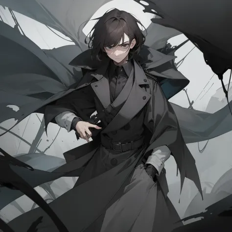 A boy with，Brunette bangs，Death-like black eyes，Extremely gloomy temperament，Fair face，A cold expression，a black trench coat，It is surrounded by black fog，Put your hands in your pockets