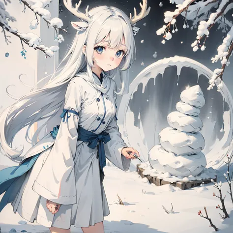 Ice and snow deer that come leisurely, one-girl，elementary student，Loli，（Short white hair 1.2）The pure white body realizes the ice wonderland, Exhale white air in transparent air, Together with ethereal trees, It forms a fantastic sight, High-quality CG pa...