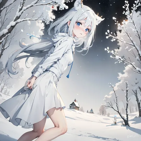 Ice and snow deer that come leisurely, one-girl，elementary student，Loli，（Short white hair 1.2）The pure white body realizes the ice wonderland, Exhale white air in transparent air, Together with ethereal trees, It forms a fantastic sight, High-quality CG pa...