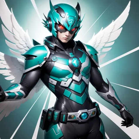 Kamen Rider、Images of ocean waves、Emerald blue body、White eyes、Has large wings、Mechanical body、characteristic belt on the abdomen,,,,、White Fan Belt