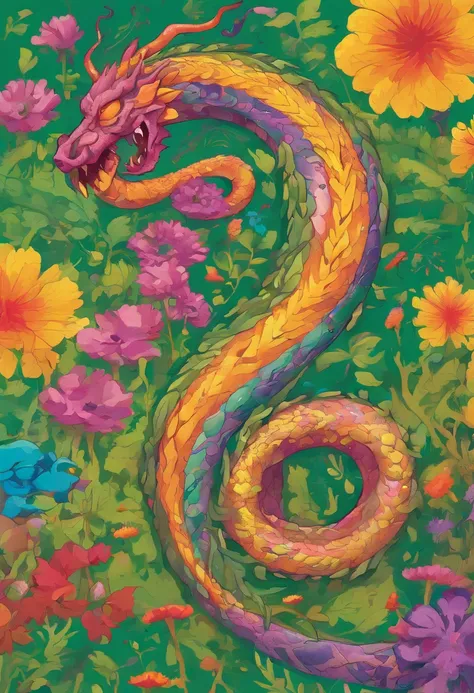 (A long snake dragon with natural elements on its body:1.3),(The back is covered with green grass and colorful wildflowers:1.3),(A purple spore mist surrounds the body:1.2),(There are segments of layered bone carapace that protect the soft tissues of the b...